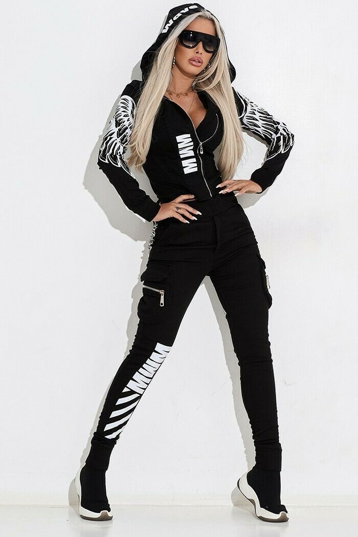 Women's Wings Printing Zipper Hooded Street Shooting Casual Suit
