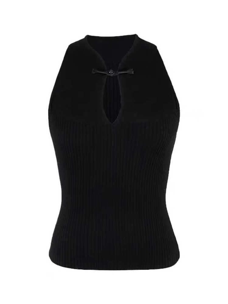 Stand Collar Retro Buckle Black Knitted Vest Women's Short Sleeveless Top