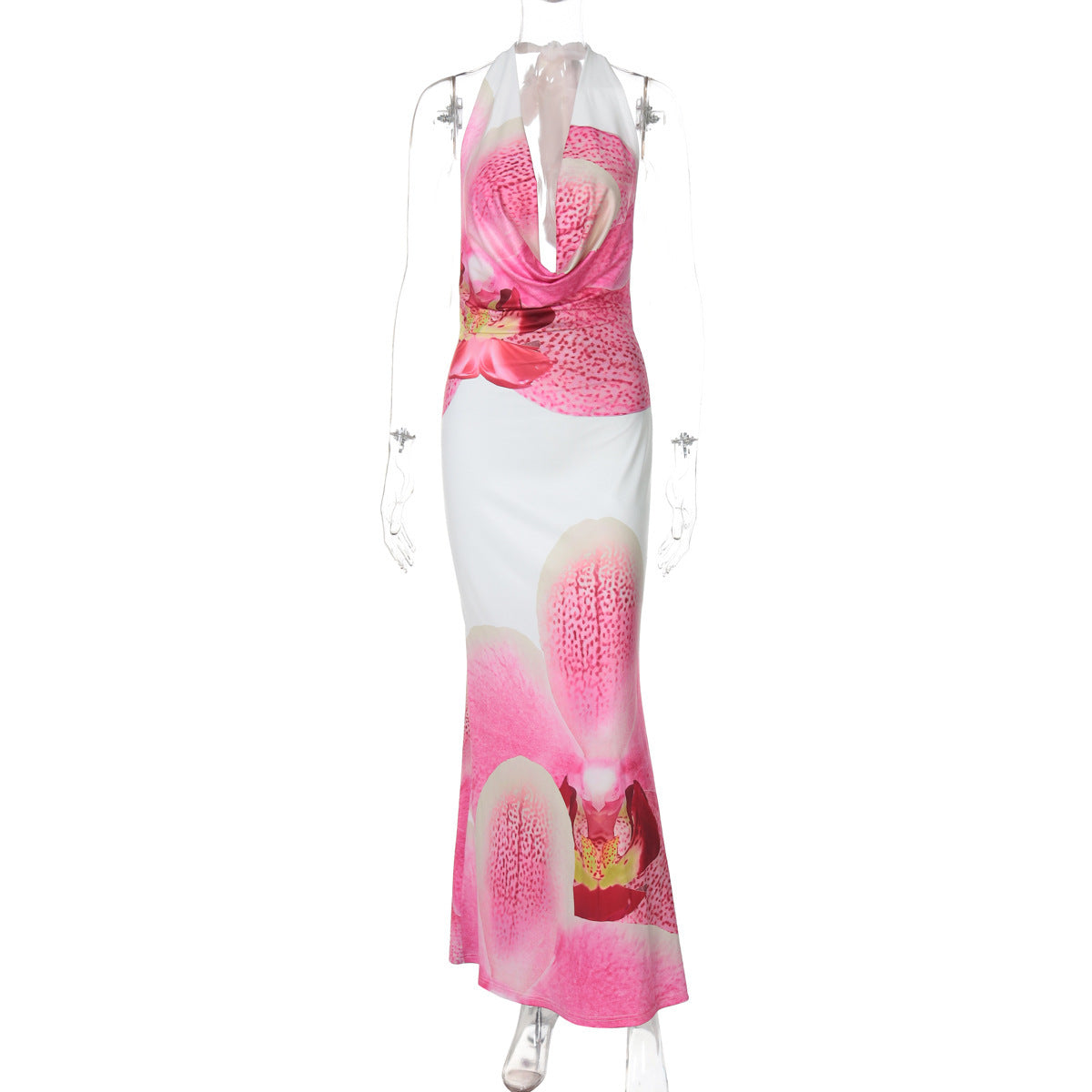 European American Fashion Floral Print Waist-tight Slim Backless Lace-up Dress