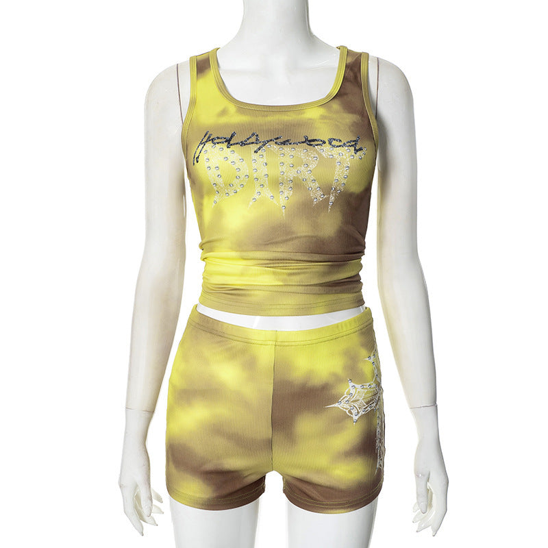 Sexy Hot Girl Mesh Butterfly Print Pleating Sling Vest Shorts Set