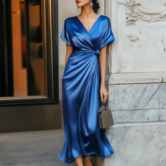 V-neck Short Sleeve Solid Color Satin Acetate Dress