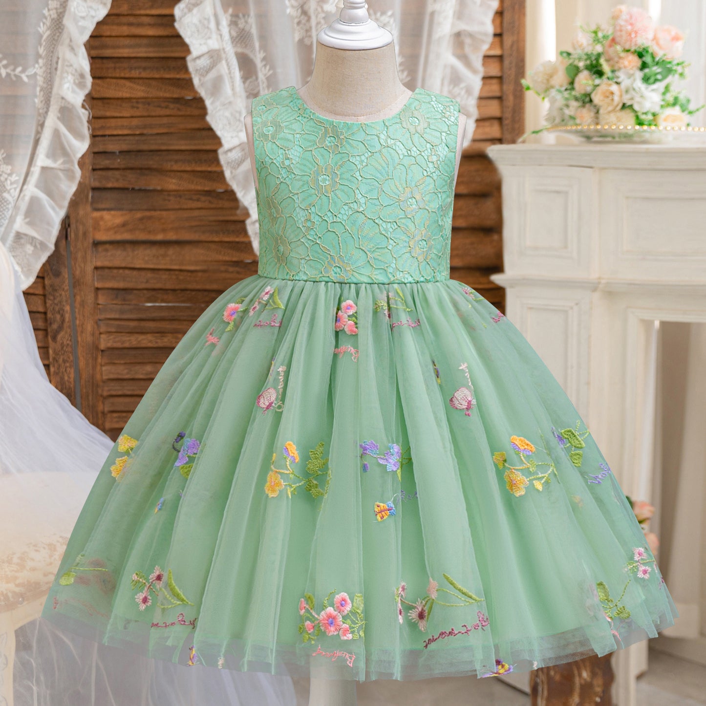 Summer Girls' Korean-style Flower Embroidered Mesh Puffy Birthday Dress