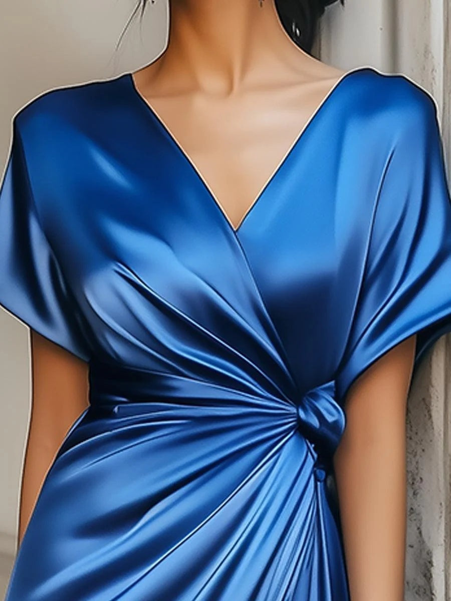 V-neck Short Sleeve Solid Color Satin Acetate Dress