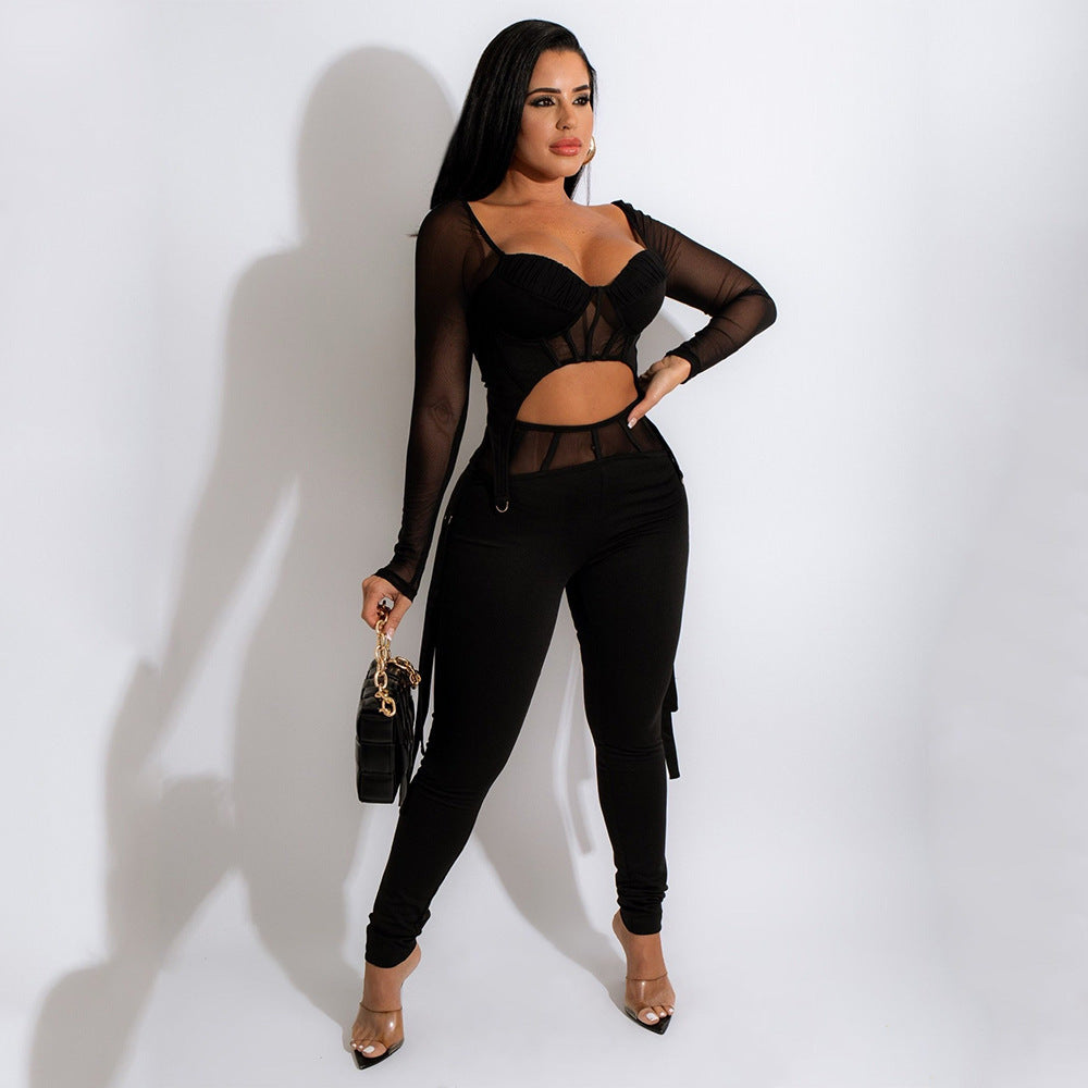Sexy Mesh See-Through Long-Sleeved Two-Piece Trouser Suit
