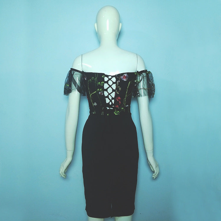 European And American Mesh Embroidery Sexy Lace-up Dress
