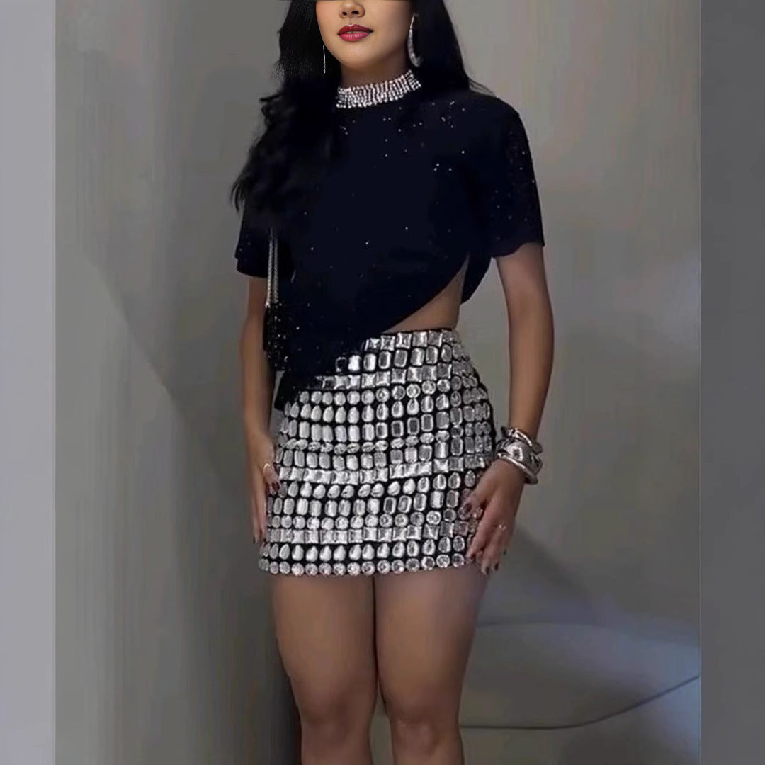 Fashion Casual Rhinestone Short Sleeve Coat Skirt Suit