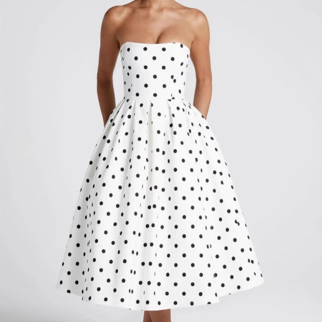 Polka Dot Tube Top Dress Waist Trimming Fashion Women