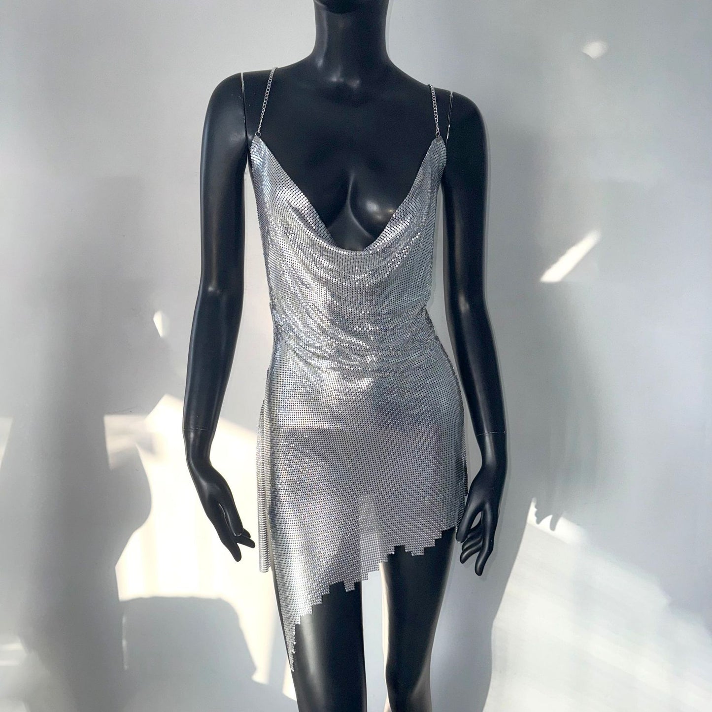 Metal Sequins Short Halter Spaghetti Straps Dress