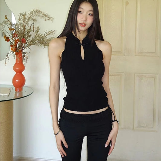 Stand Collar Retro Buckle Black Knitted Vest Women's Short Sleeveless Top