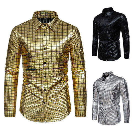 Plaid Bronzing Printed Stage Costume European Size Men's Long-sleeved Shirt