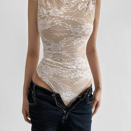 Summer One-piece Vest Lace Mesh Double-layer Outer Wear Sleeveless Leotard