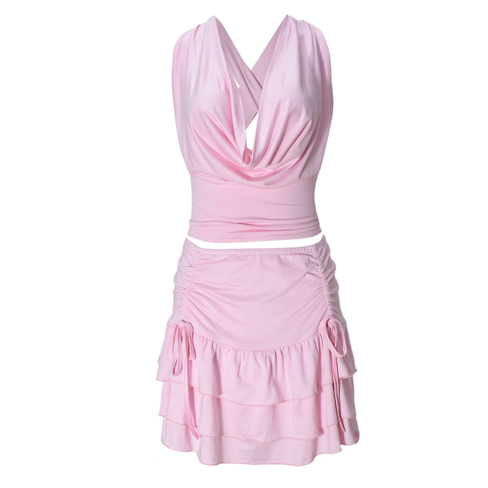Women's Hollow Out Strap Top Cake Stretch Skirt Two-piece Set