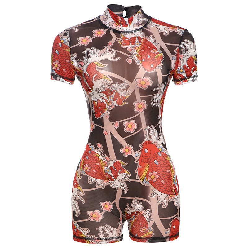 Print See-through Slim-fit Sexy Backless Jumpsuit