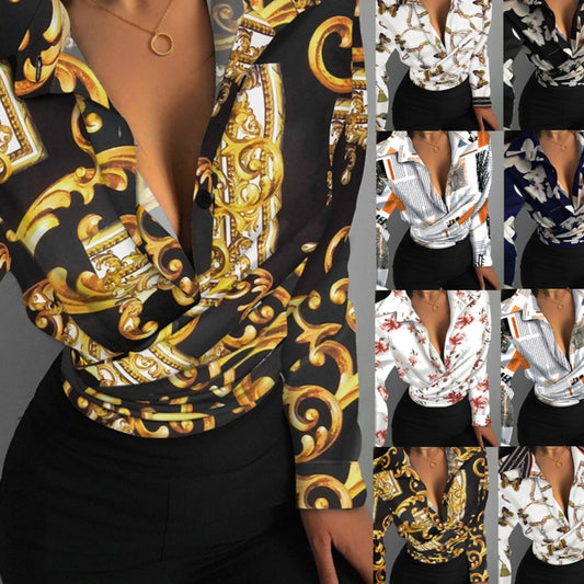 Women's Loose Long-sleeved V-neck Printed Shirt
