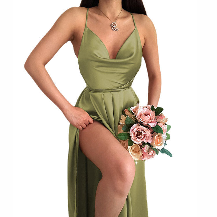 Solid Color Backless Pockets Collar A Swing Sling Dress Women