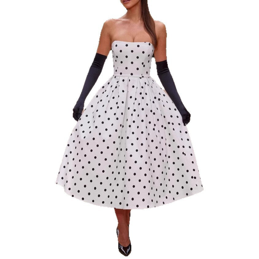 Polka Dot Tube Top Dress Waist Trimming Fashion Women