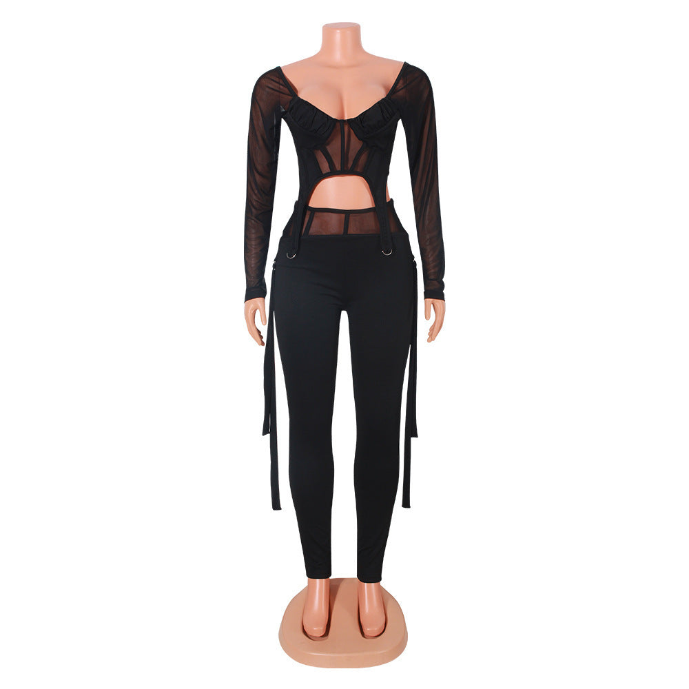 Sexy Mesh See-Through Long-Sleeved Two-Piece Trouser Suit