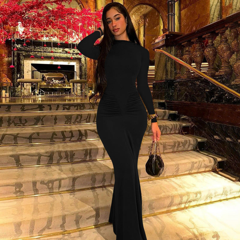 Fashionable Elegant Slim-fit Pleated Round-neck Long-sleeved Dress