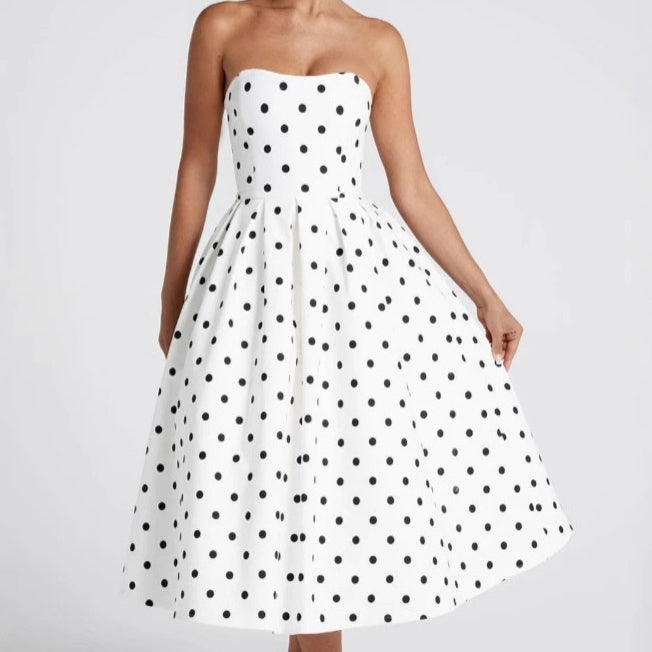 Polka Dot Tube Top Dress Waist Trimming Fashion Women