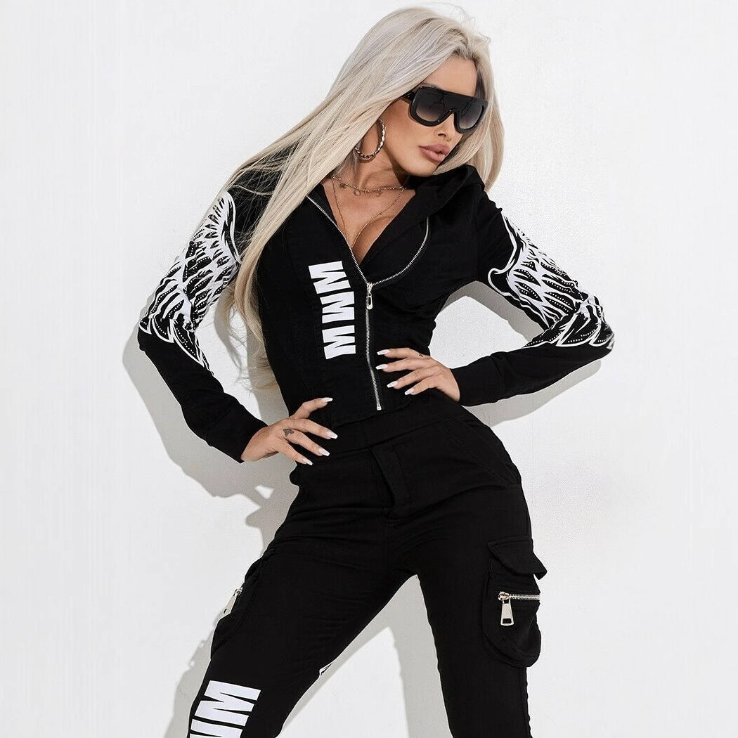 Women's Wings Printing Zipper Hooded Street Shooting Casual Suit