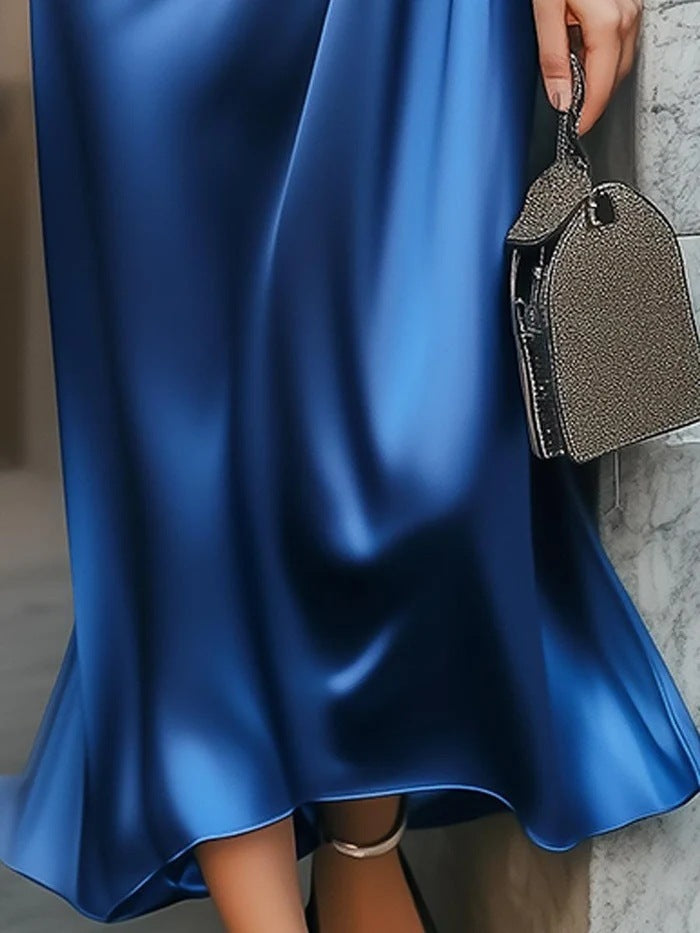 V-neck Short Sleeve Solid Color Satin Acetate Dress