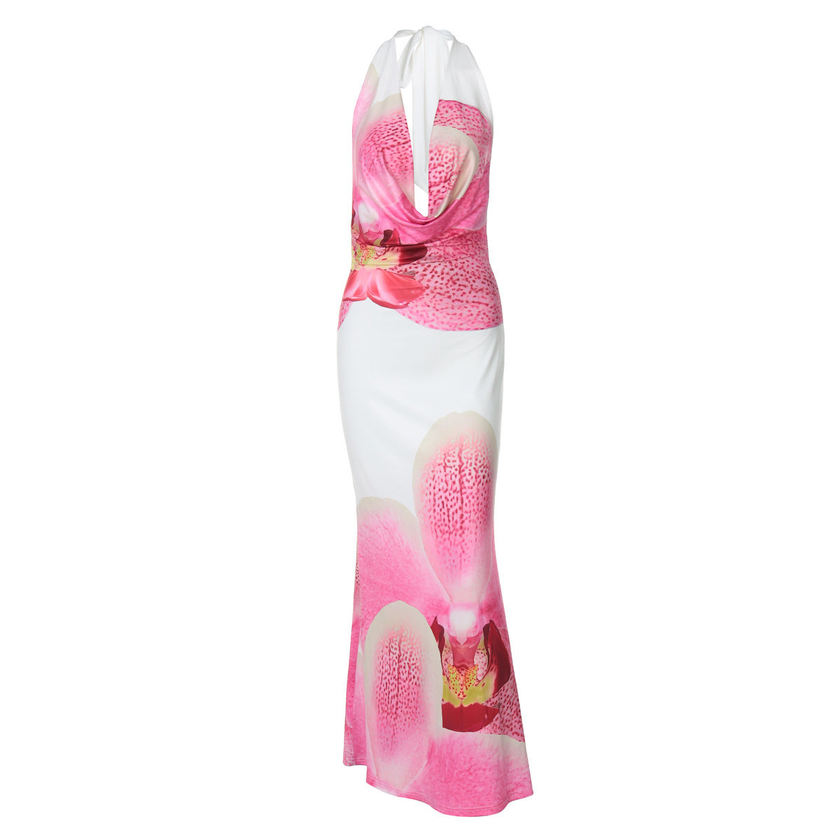 European American Fashion Floral Print Waist-tight Slim Backless Lace-up Dress