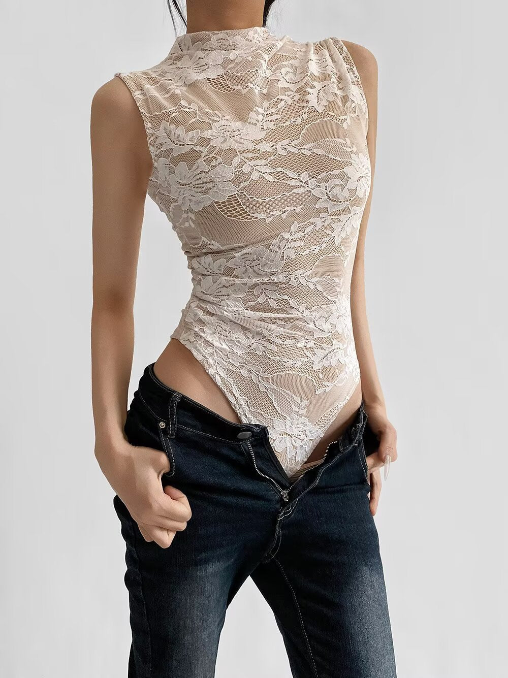Summer One-piece Vest Lace Mesh Double-layer Outer Wear Sleeveless Leotard