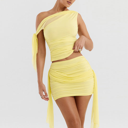 Sexy Pleated Slim Fit Skirt Mesh Stitching Two-piece Suit Pack