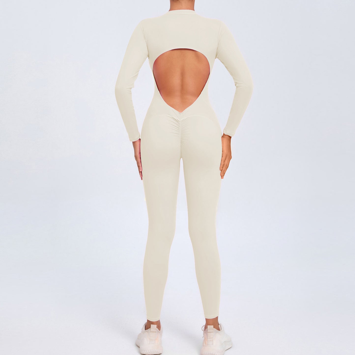 Women's Solid Color Backless Long-sleeve Zipper One-piece