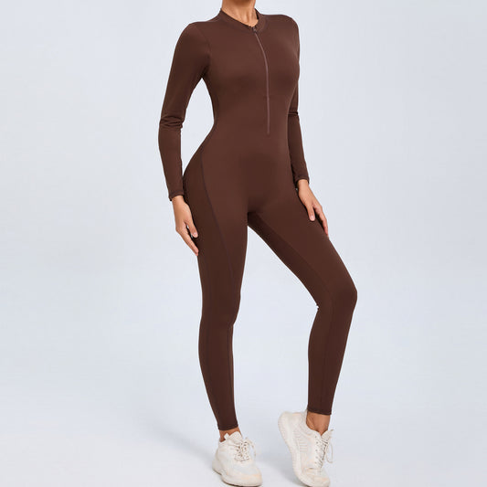 Women's Solid Color Backless Long-sleeve Zipper One-piece