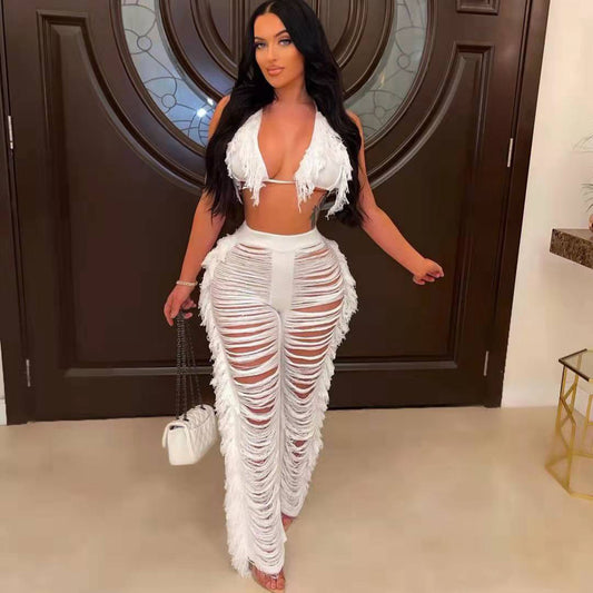 Pure Color Bikini Tassel Knitted Beach Pants Suit