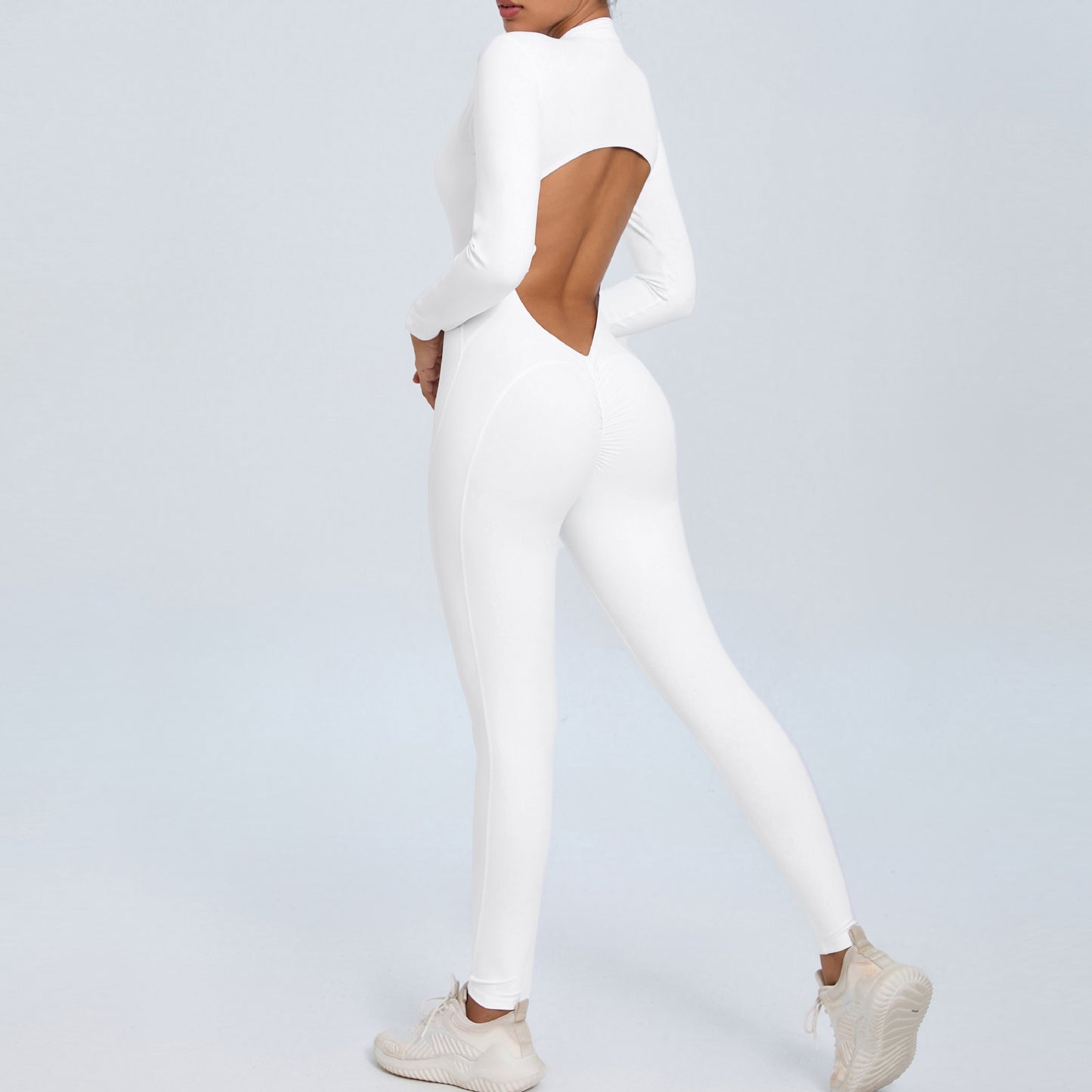 Women's Solid Color Backless Long-sleeve Zipper One-piece