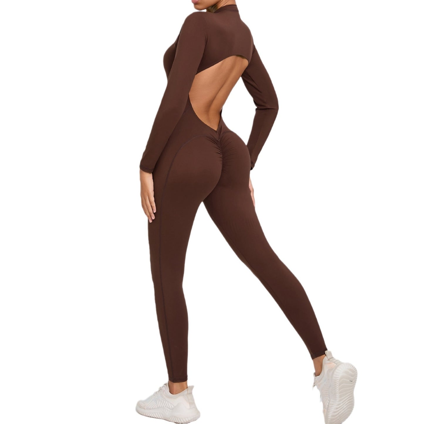 Women's Solid Color Backless Long-sleeve Zipper One-piece