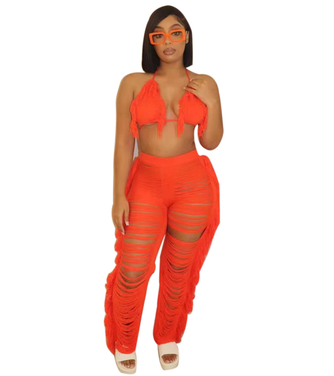 Pure Color Bikini Tassel Knitted Beach Pants Suit