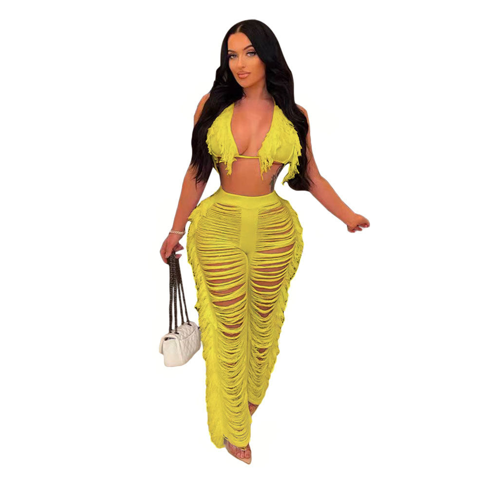Pure Color Bikini Tassel Knitted Beach Pants Suit