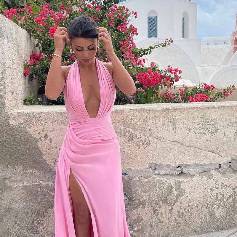 Sexy Deep V-neck Backless Slit Dress