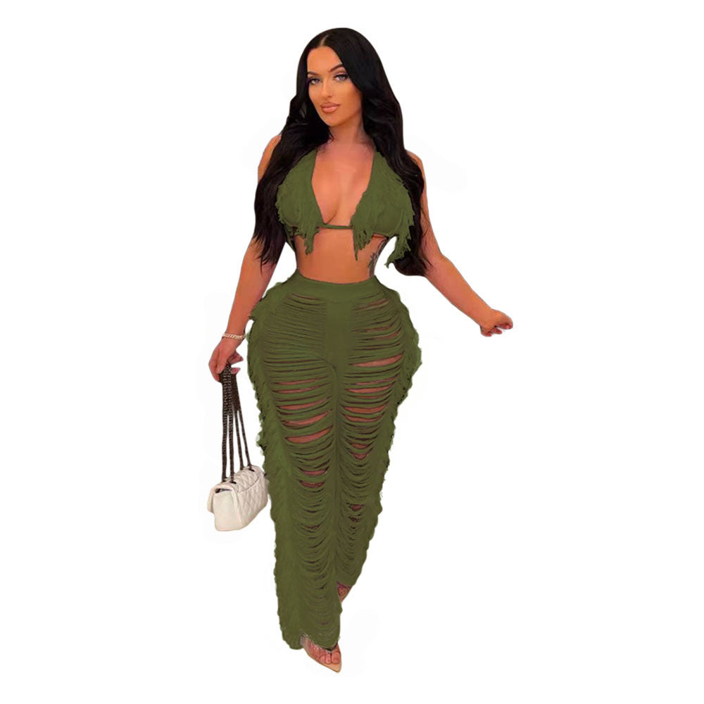 Pure Color Bikini Tassel Knitted Beach Pants Suit