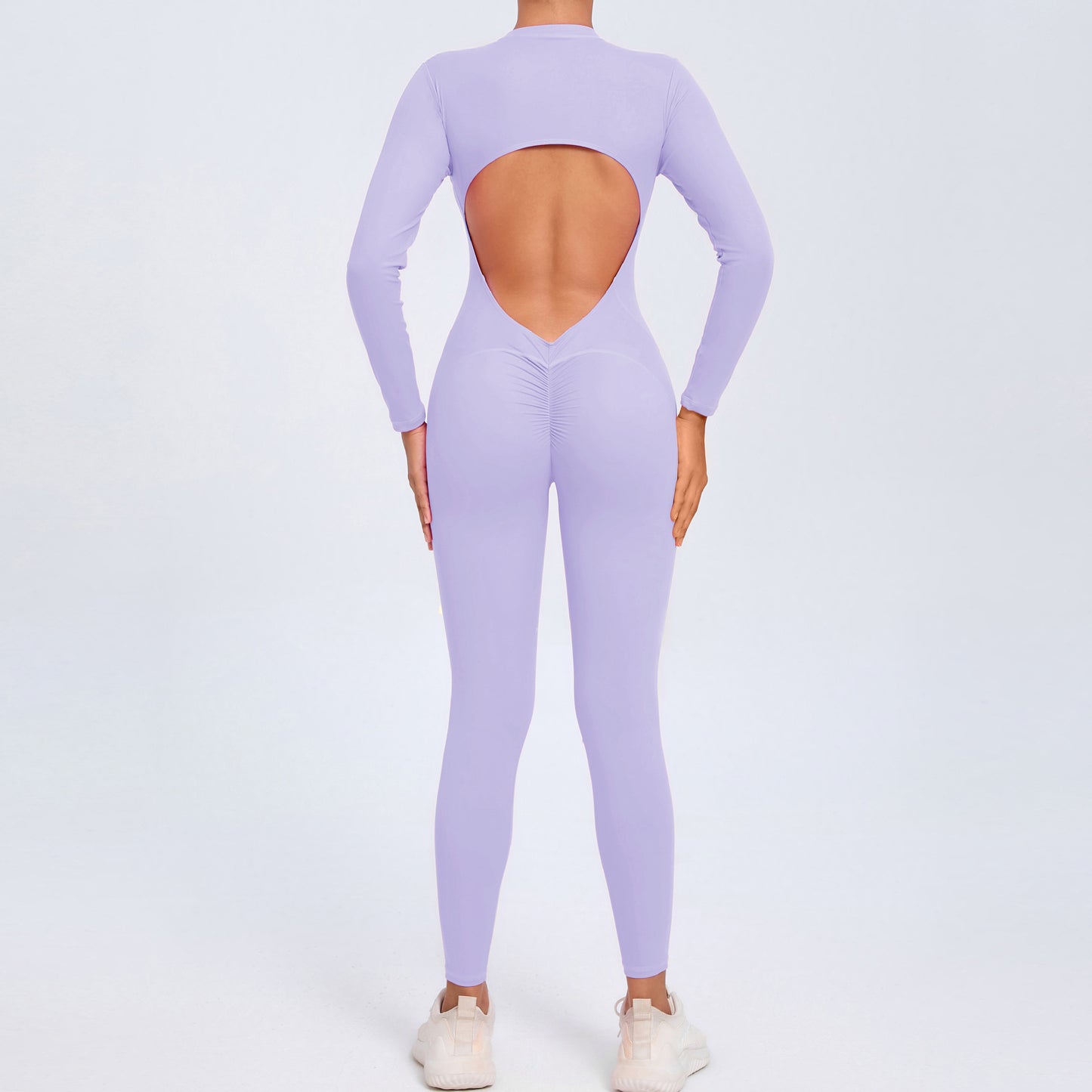 Women's Solid Color Backless Long-sleeve Zipper One-piece
