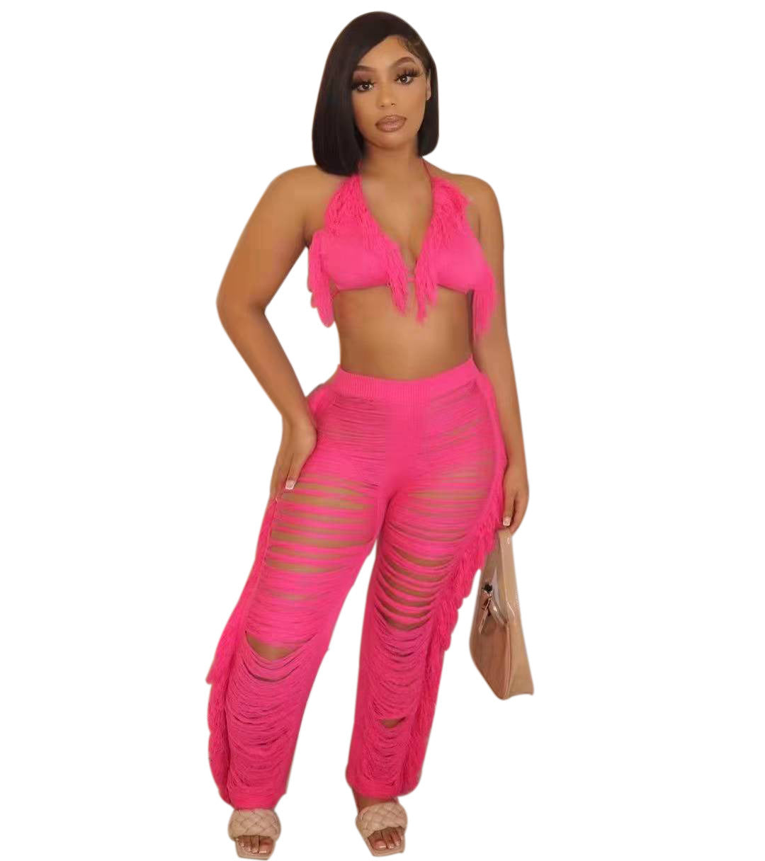 Pure Color Bikini Tassel Knitted Beach Pants Suit