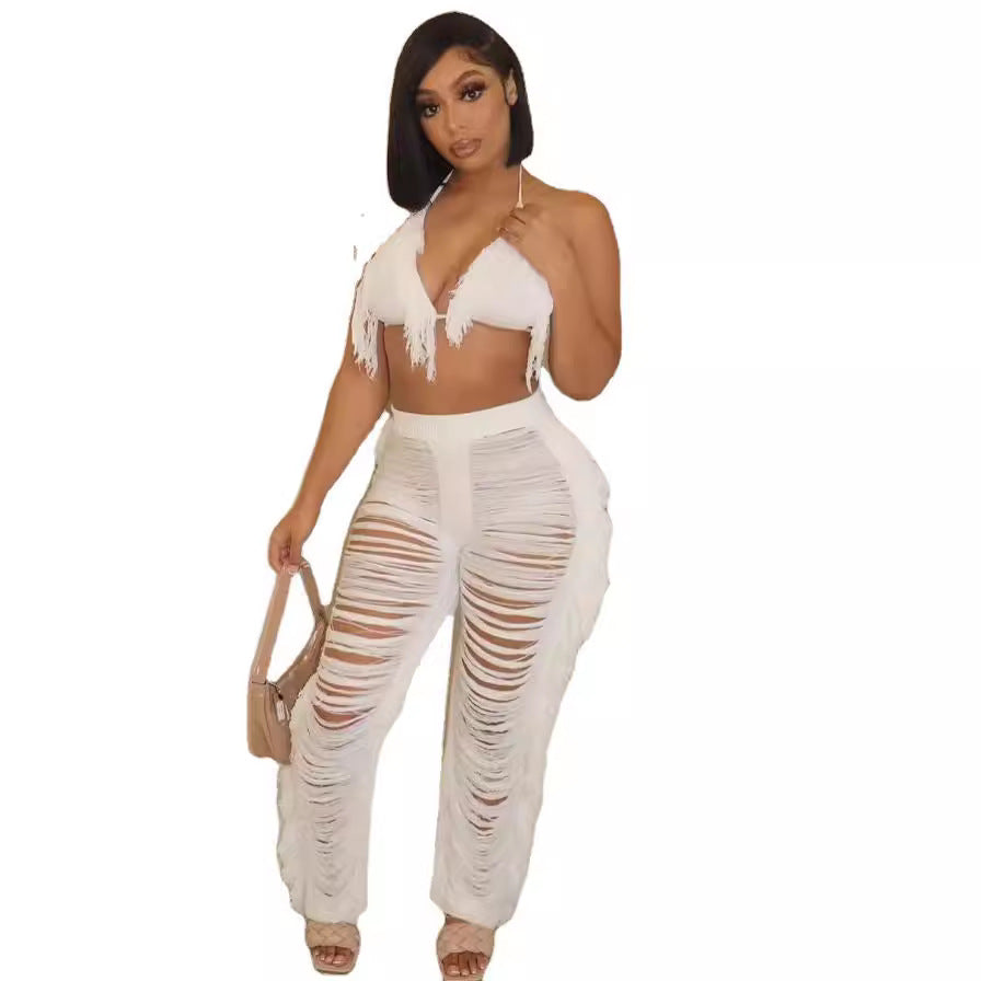 Pure Color Bikini Tassel Knitted Beach Pants Suit