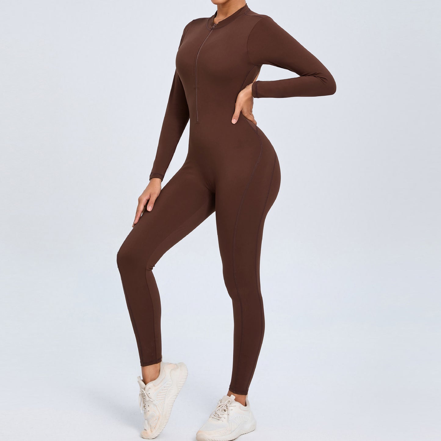 Women's Solid Color Backless Long-sleeve Zipper One-piece