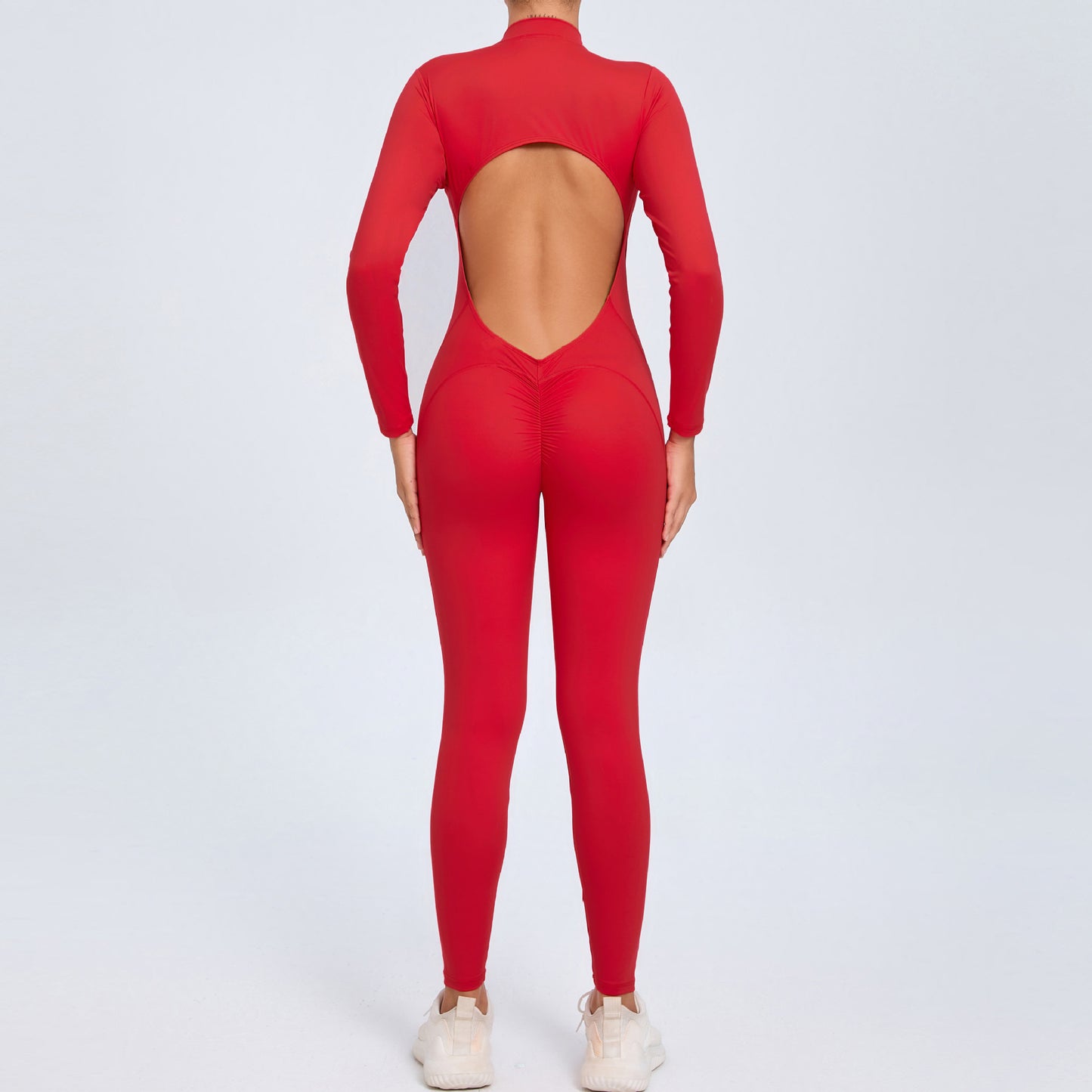 Women's Solid Color Backless Long-sleeve Zipper One-piece
