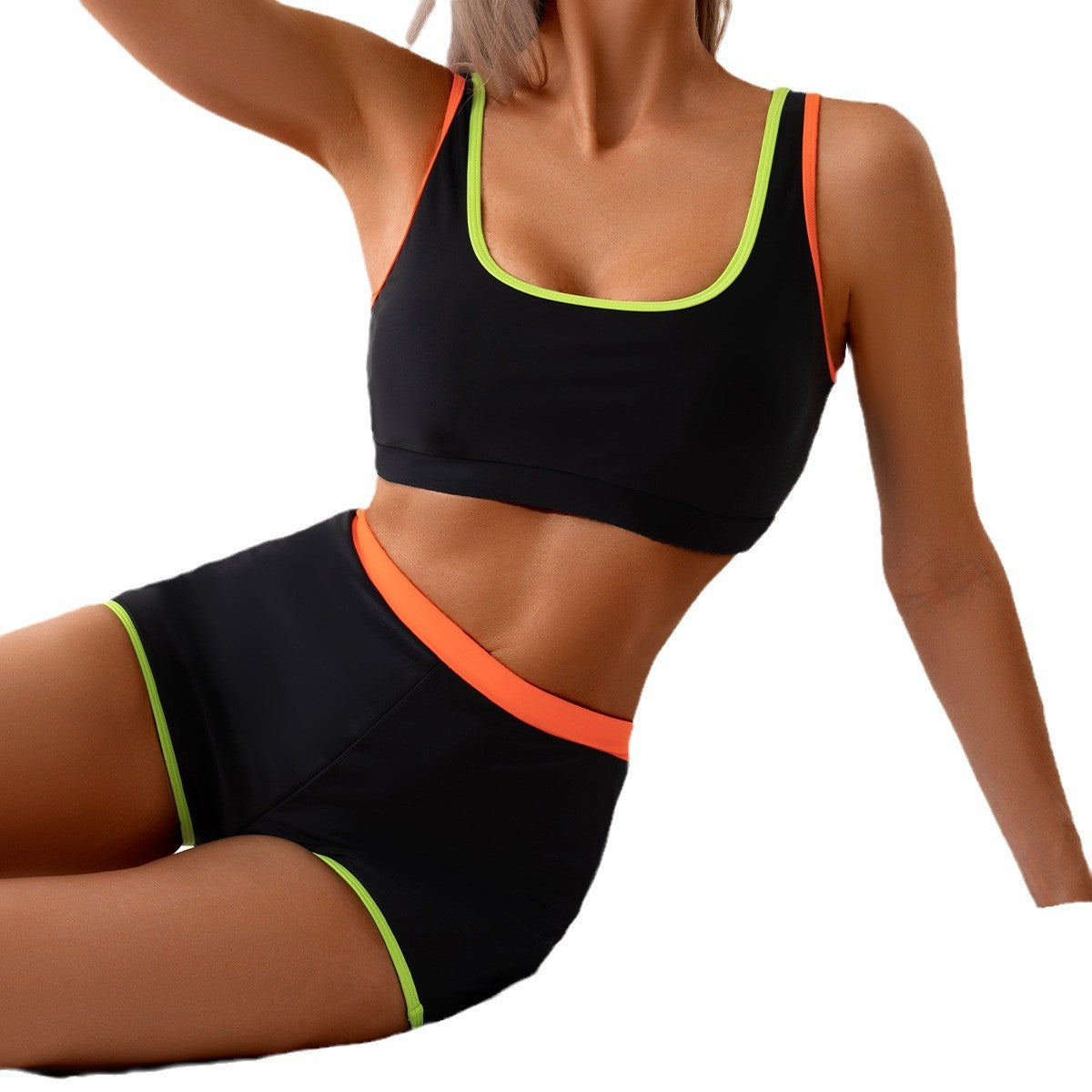 Solid Color Contrast Color Vest Boxers Bikini Split Swimsuit