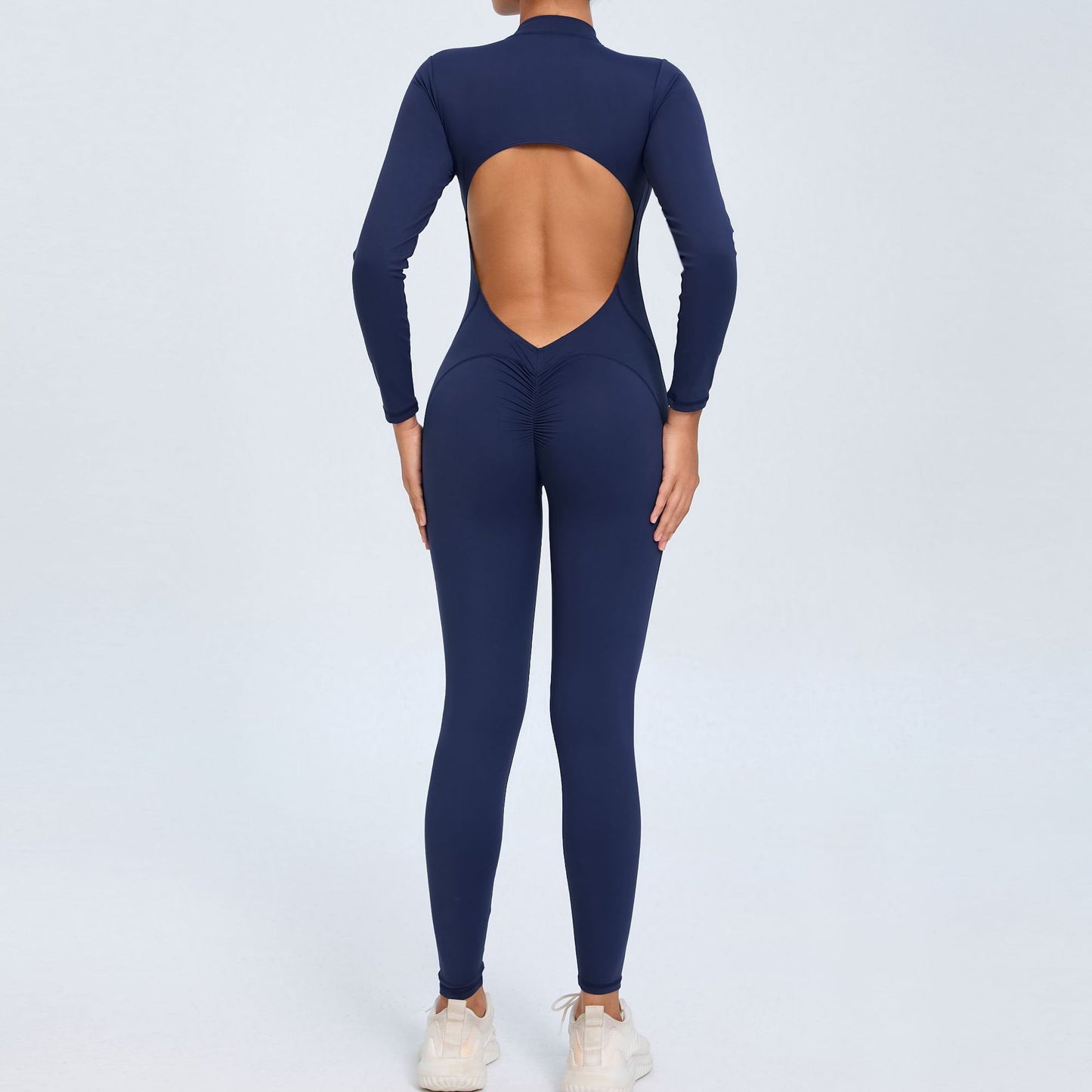 Women's Solid Color Backless Long-sleeve Zipper One-piece
