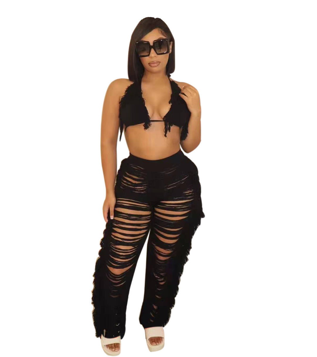 Pure Color Bikini Tassel Knitted Beach Pants Suit