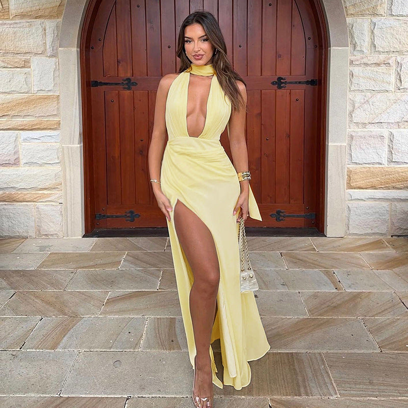 Sexy Deep V-neck Backless Slit Dress