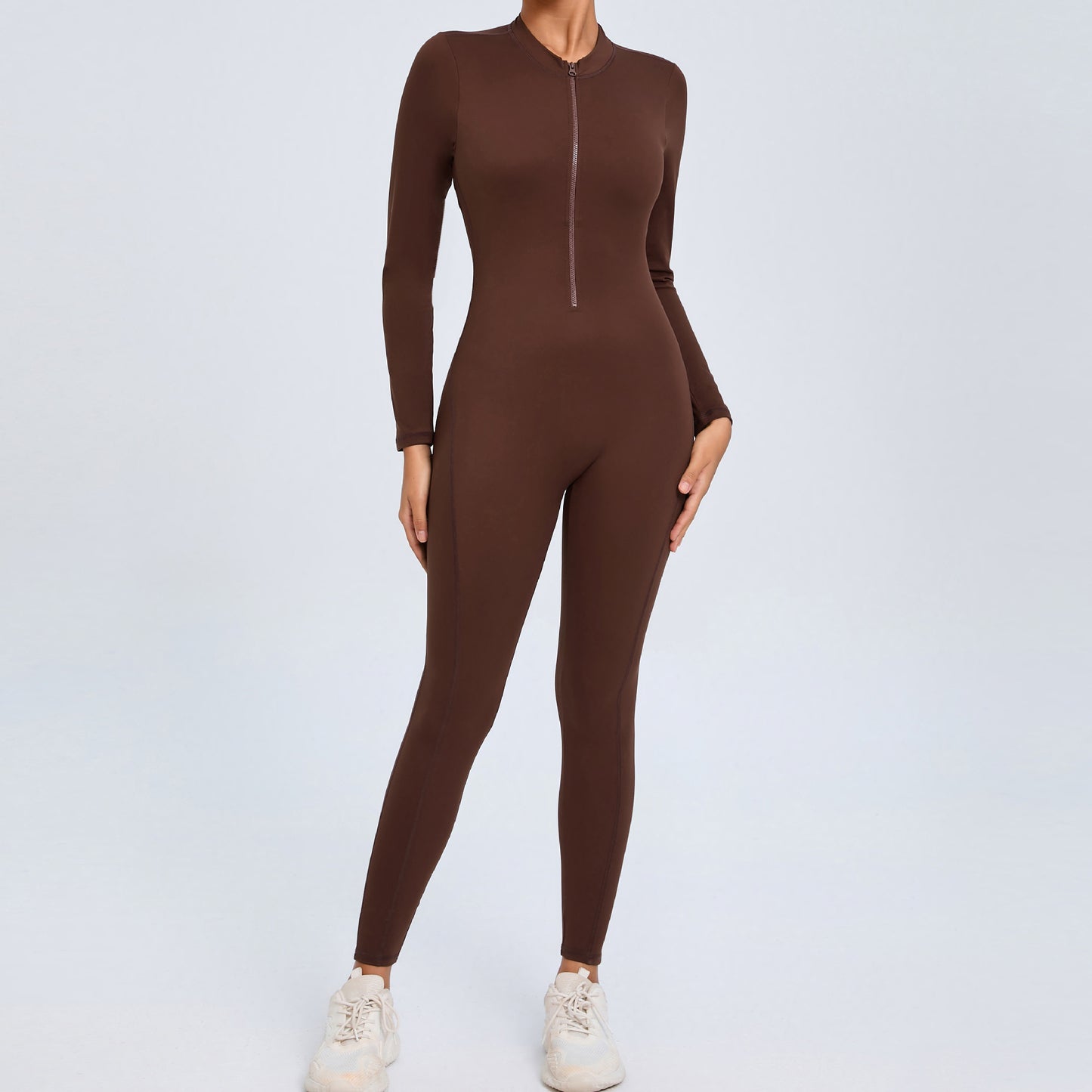 Women's Solid Color Backless Long-sleeve Zipper One-piece