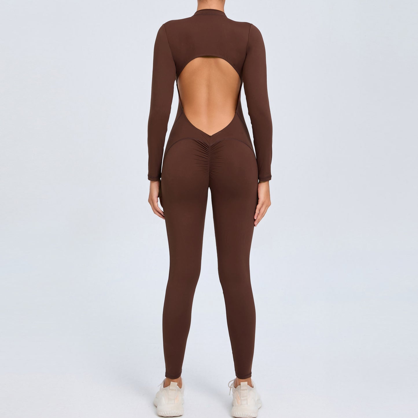 Women's Solid Color Backless Long-sleeve Zipper One-piece