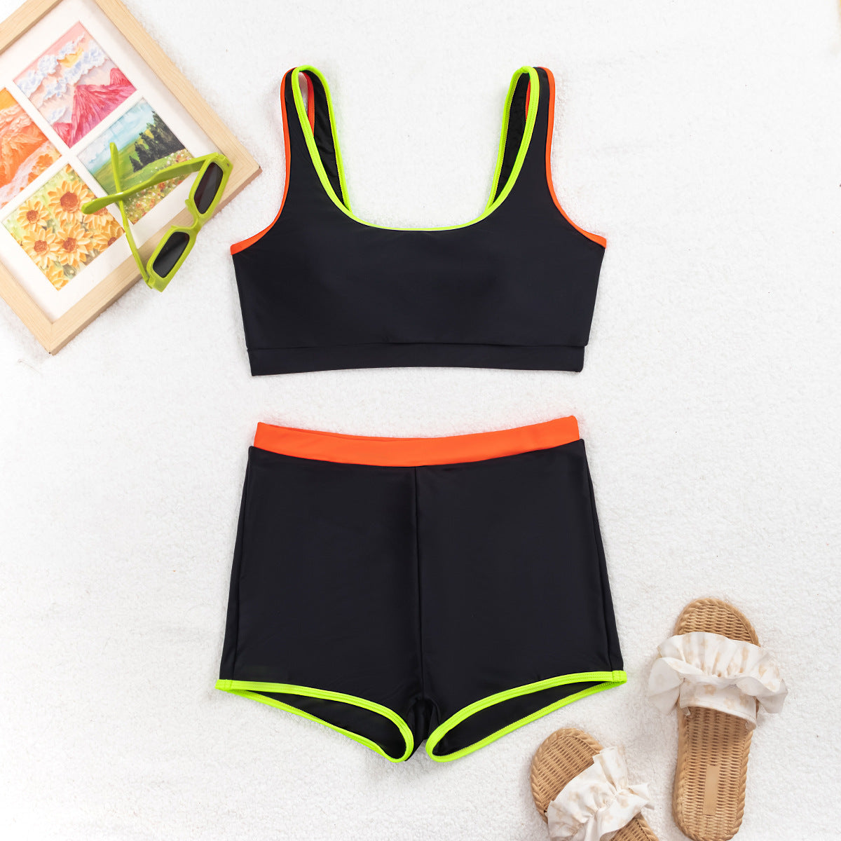 Solid Color Contrast Color Vest Boxers Bikini Split Swimsuit