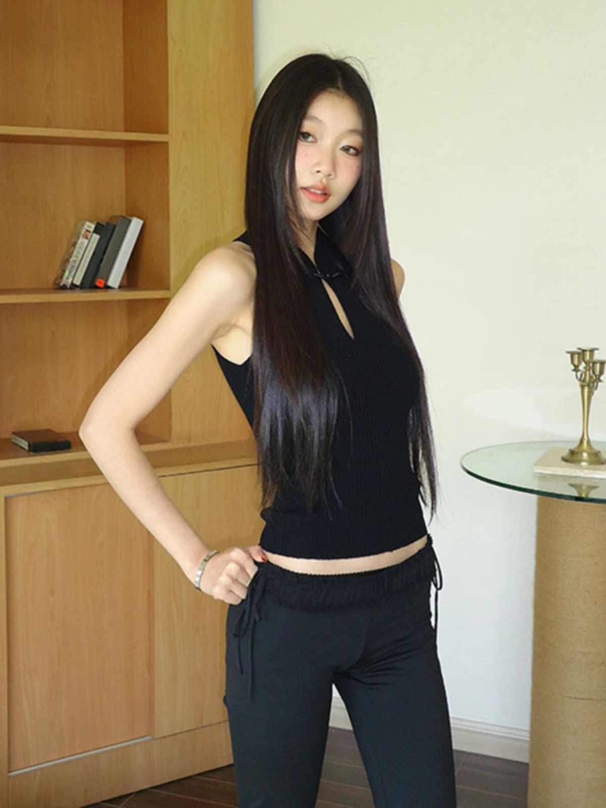 Stand Collar Retro Buckle Black Knitted Vest Women's Short Sleeveless Top
